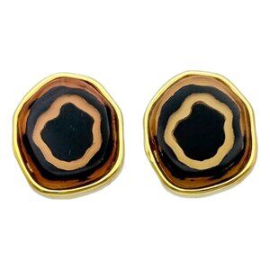 Kenneth Jay Lane 22k Gold Plated Resin Geode Clip Earrings Handmade 1.25 Inch